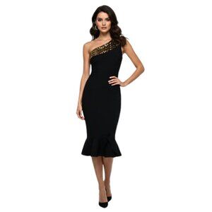 Adyce One Shoulder Black Bandage Dress Gold Sequin Mermaid Hem – Size XS